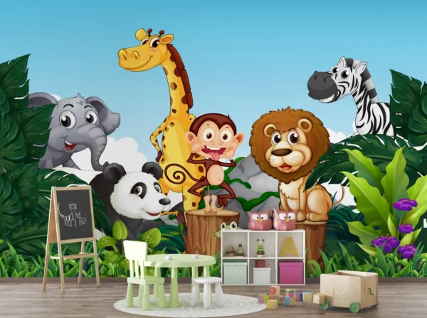Jungle-themed kid's wallpaper with cartoon animals including a giraffe, monkey, lion, panda, zebra, and elephant in a vibrant green forest setting for playrooms or nurseries.