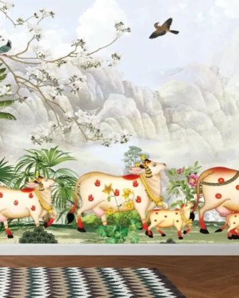 Pichwai art wallpaper with Kamadhenu cows, palm motifs, tropical forest, parrots, and white flowering tree