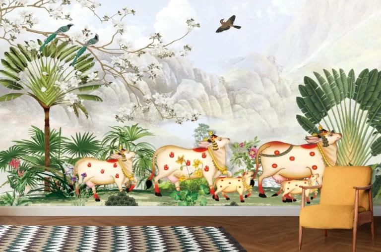 Kamadhenu Cow Pichwai Art Wallpaper - Custom 3D Wall Mural for Living Room & Bedroom Decor | Parker Window Blinds
