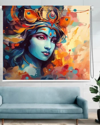 Roller blind featuring a divine portrait of Lord Krishna with peacock feather crown in a vibrant multicolor artistic background.