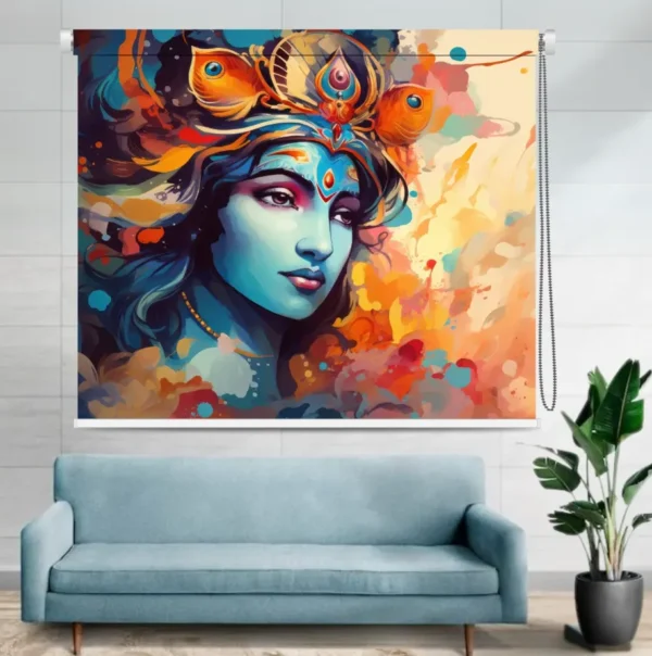 Roller blind featuring a divine portrait of Lord Krishna with peacock feather crown in a vibrant multicolor artistic background.