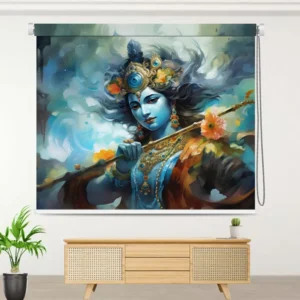 Lord Krishna roller blind with vibrant flute artwork in spiritual home décor setting