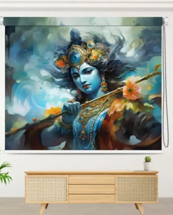Lord Krishna roller blind with vibrant flute artwork in spiritual home décor setting