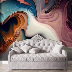 Luxury Abstract Swirl Fluid Art Wallpaper in Modern Living Room Interior