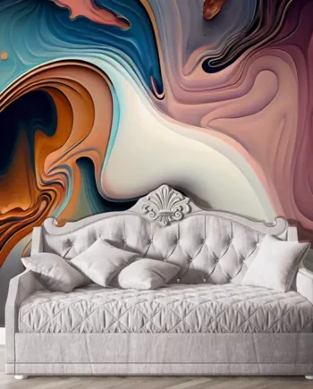 Luxury Abstract Swirl Fluid Art Wallpaper in Modern Living Room Interior