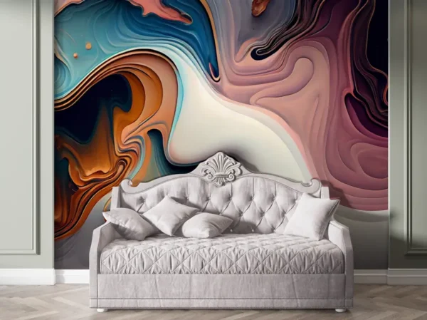 Luxury Abstract Swirl Fluid Art Wallpaper in Modern Living Room Interior