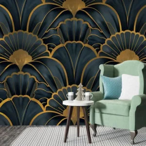 Luxury Art Deco Black & Gold Fan Pattern Wallpaper behind green armchair