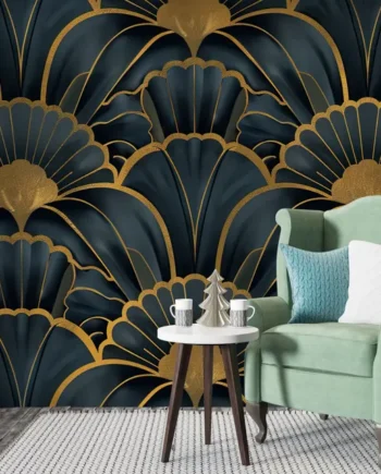 Luxury Art Deco Black & Gold Fan Pattern Wallpaper behind green armchair