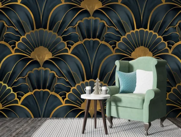 Luxury Art Deco Black & Gold Fan Pattern Wallpaper behind green armchair