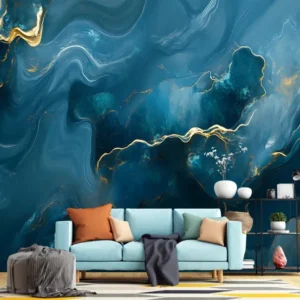Luxury abstract blue and gold marble texture wallpaper for the living room