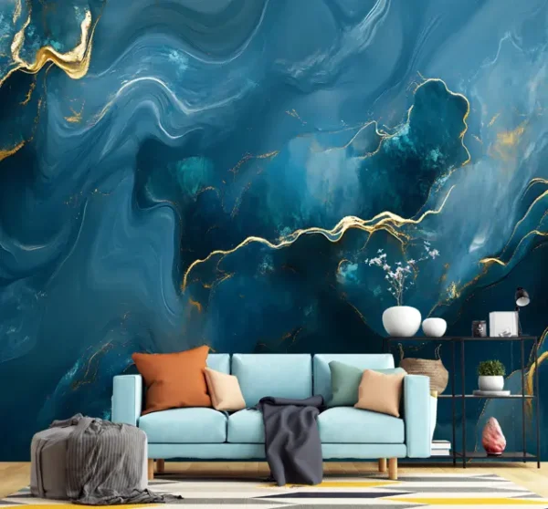Luxury abstract blue and gold marble texture wallpaper for the living room