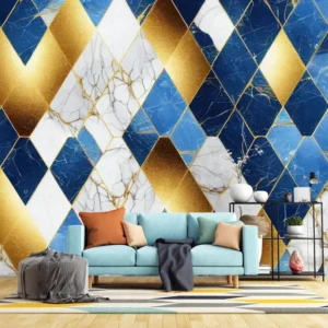 Luxury Geometric Marble & Gold Wallpaper with navy blue, cobalt, and white diamond patterns for luxury home or office interiors.