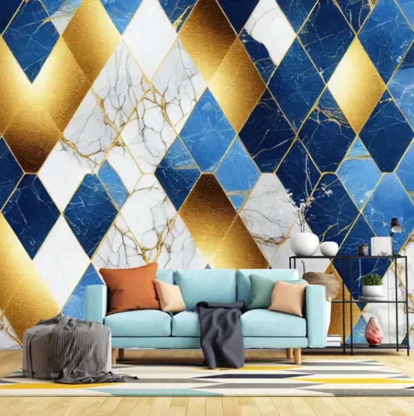 Luxury Geometric Marble & Gold Wallpaper with navy blue, cobalt, and white diamond patterns for luxury home or office interiors.