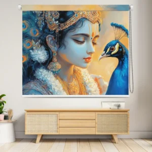 Window Roller Blind featuring Lord Murugan adorned in traditional jewelry with a peacock, set against a divine artistic background