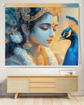 Window Roller Blind featuring Lord Murugan adorned in traditional jewelry with a peacock, set against a divine artistic background