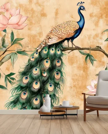 Majestic Peacock and Lotus Bloom Wallpaper Mural with Lotus Flowers – Ethnic Wall Mural for Living Room Decor
