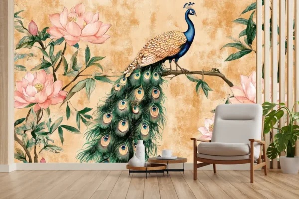 Majestic Peacock and Lotus Bloom Wallpaper Mural with Lotus Flowers – Ethnic Wall Mural for Living Room Decor
