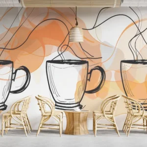 Minimalist Coffee Cup Wallpaper with hand-drawn coffee mugs and abstract warm tones for restaurants and coffee shops