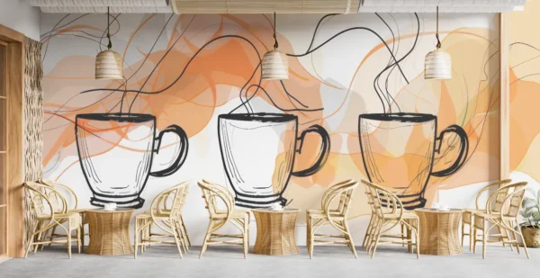 Minimalist Coffee Cup Wallpaper with hand-drawn coffee mugs and abstract warm tones for restaurants and coffee shops