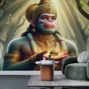 Mystical Hanuman Wallpaper with divine sunlight spiritual devotional wallpaper mural for home or temple.