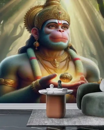 Mystical Hanuman Wallpaper with divine sunlight spiritual devotional wallpaper mural for home or temple.