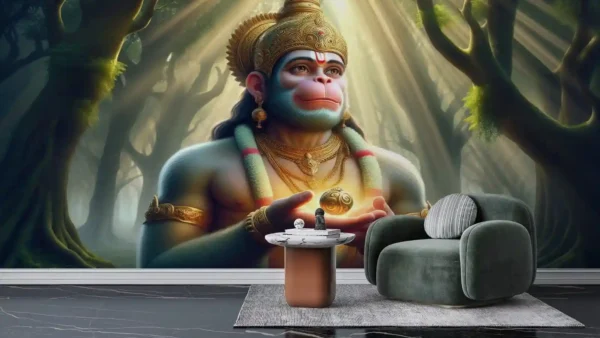 Mystical Hanuman Wallpaper with divine sunlight spiritual devotional wallpaper mural for home or temple.