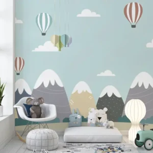Pastel mountain and hot air balloon wallpaper for kids room with clouds and playful sky