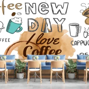 Playful cafe-themed wallpaper with coffee doodles, mugs, muffins, coffee beans, and handwritten text saying "I love coffee"