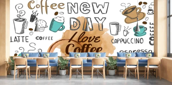 Playful cafe-themed wallpaper with coffee doodles, mugs, muffins, coffee beans, and handwritten text saying "I love coffee"