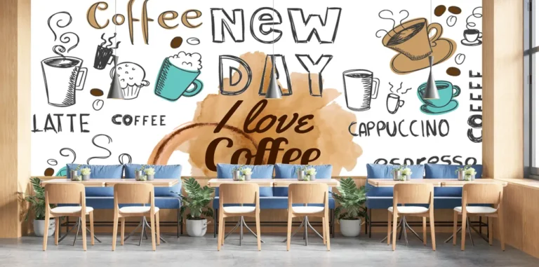 Playful Coffee Doodles Wallpaper for Modern Cafes & Coffee Corners - Custom 3D Wall Mural for Living Room & Bedroom (From ₹70/sq.ft) | Parker Window Blinds