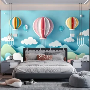 Playful Sky Adventure Air Balloon Wallpaper for kids room with clouds and scenic sky background