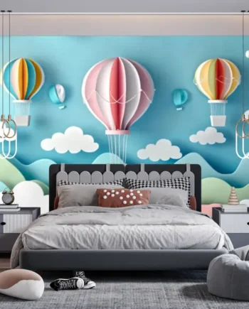 Playful Sky Adventure Air Balloon Wallpaper for kids room with clouds and scenic sky background