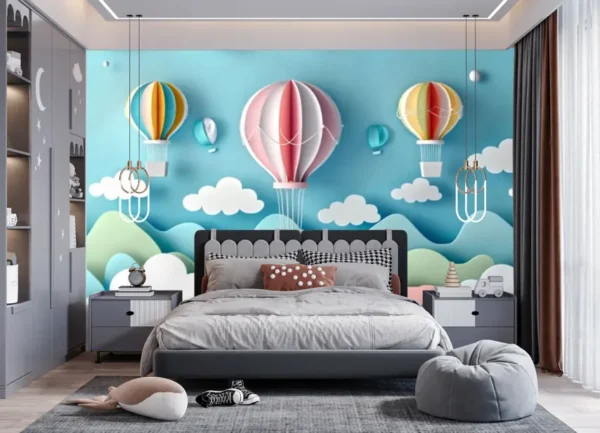 Playful Sky Adventure Air Balloon Wallpaper for kids room with clouds and scenic sky background