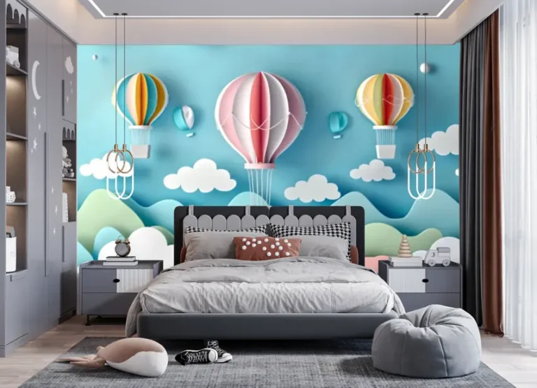Playful Sky Adventure Air Balloon Wallpaper - Custom 3D Wall Mural for Living Room & Bedroom (From ₹70/sq.ft) | Parker Window Blinds