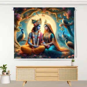 Radha and Krishna roller blind design with full moon and peacocks in a spiritual forest setting