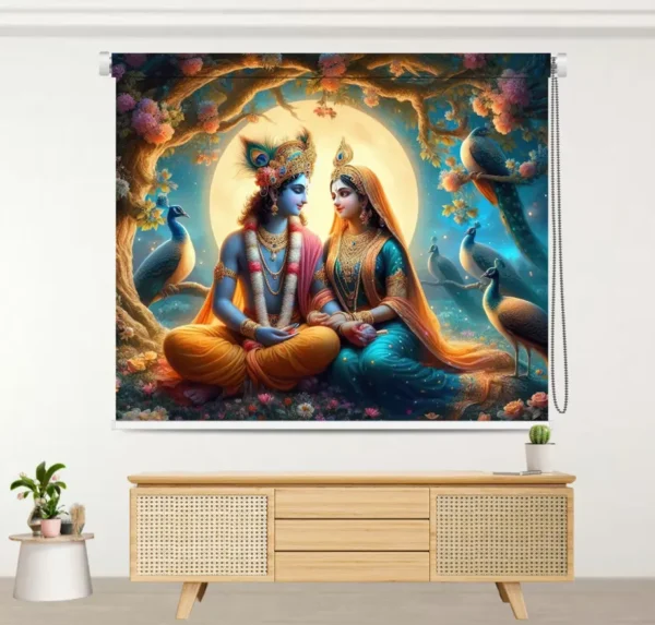 Radha and Krishna roller blind design with full moon and peacocks in a spiritual forest setting