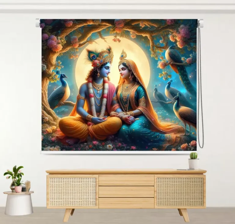 Radha Krishna Roller Blind with Full Moon & Peacock Motif - Custom Fit Window Blind with UV Protection (From ₹159/sq.ft) | Parker Window Blinds