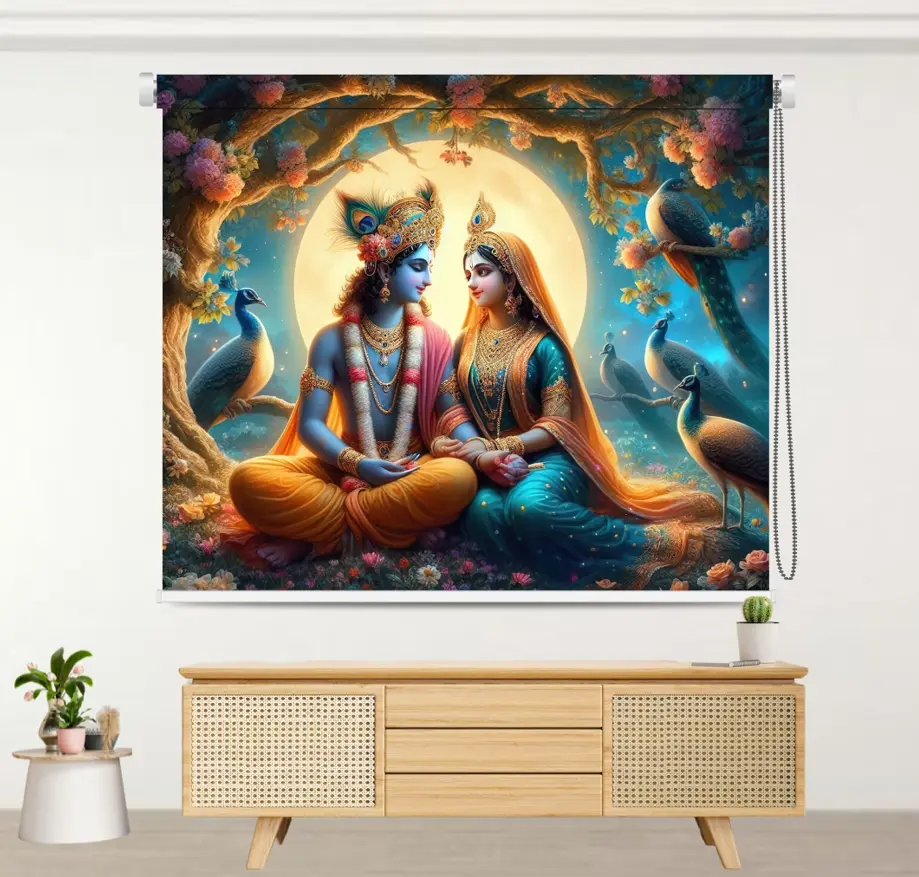 Radha Krishna Roller Blind with Full Moon & Peacock Motif