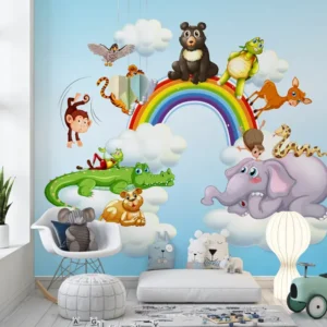 Rainbow Jungle Friends Cartoon Wallpaper with rainbow, clouds, and jungle animals like elephants, monkeys, and crocodiles – perfect for nursery and toddler room décor.
