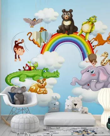 Rainbow Jungle Friends Cartoon Wallpaper with rainbow, clouds, and jungle animals like elephants, monkeys, and crocodiles – perfect for nursery and toddler room décor.