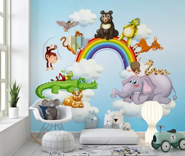 Rainbow Jungle Friends Cartoon Wallpaper with rainbow, clouds, and jungle animals like elephants, monkeys, and crocodiles – perfect for nursery and toddler room décor.