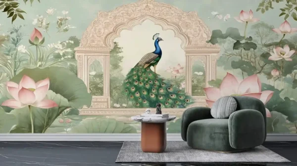Regal Peacock & Lotus Archway Mural Wallpaper with traditional archway and floral garden design