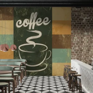 Retro Coffee Cup Wallpaper with steaming cup and retro typography for café interiors