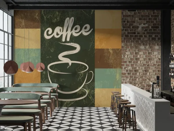 Retro Coffee Cup Wallpaper with steaming cup and retro typography for café interiors