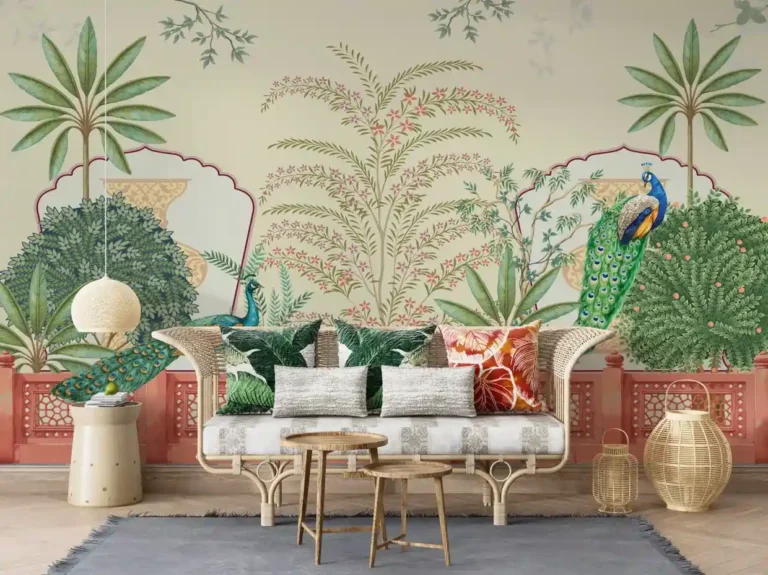 Royal Peacock Garden Pichwai Wallpaper - Custom 3D Wall Mural for Living Room & Bedroom (From ₹70/sq.ft) | Parker Window Blinds