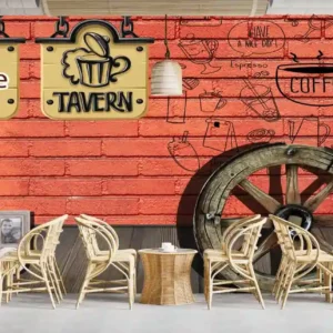 Rustic Red Brick Cafe Wallpaper with Coffee Sketches & Vintage Wagon Wheel Art