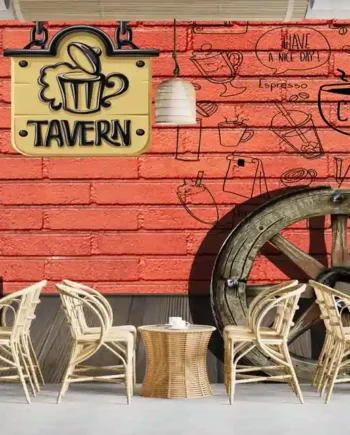 Rustic Red Brick Cafe Wallpaper with Coffee Sketches & Vintage Wagon Wheel Art