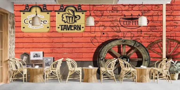 Rustic Red Brick Cafe Wallpaper with Coffee Sketches & Vintage Wagon Wheel Art - Custom 3D Wall Mural for Living Room & Bedroom (From ₹70/sq.ft) | Parker Window Blinds