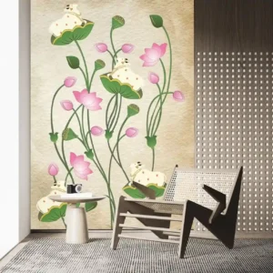 Pichwai Art Mural Cow Wallpaper with sacred cows and lotus flowers on a beige background