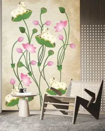 Pichwai Art Mural Cow Wallpaper with sacred cows and lotus flowers on a beige background